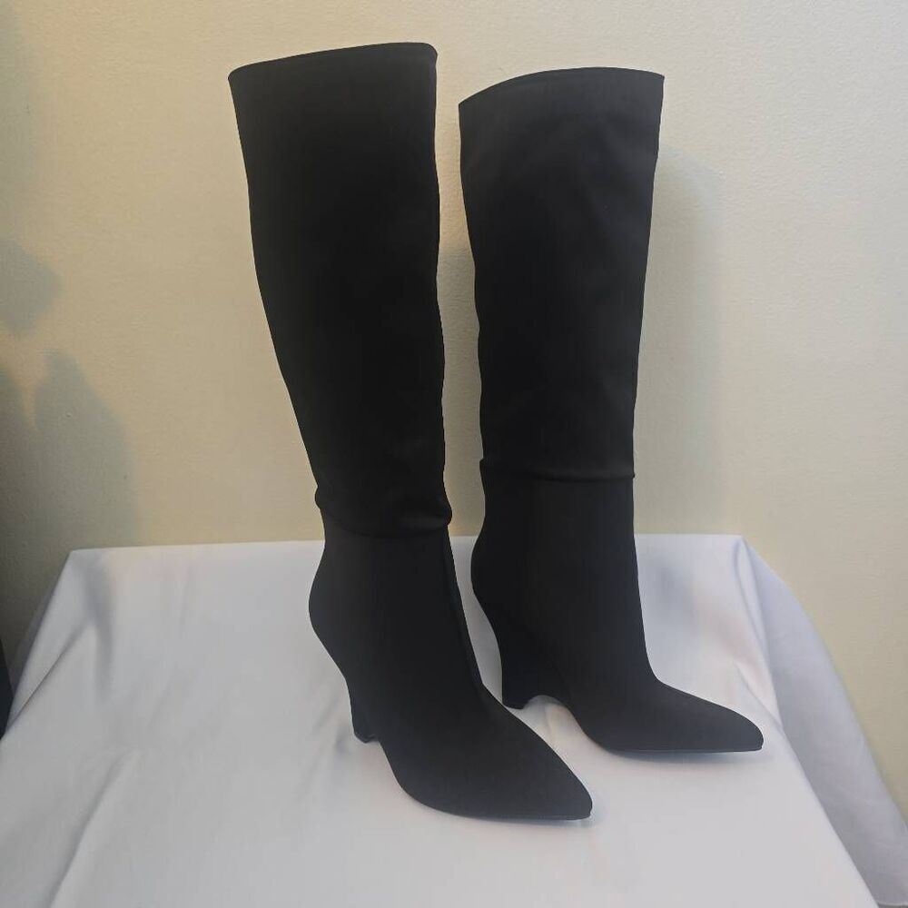 ego Black Point Toe Knee High Nylon Wedge Heel Boot, NWOT, Sz. 7